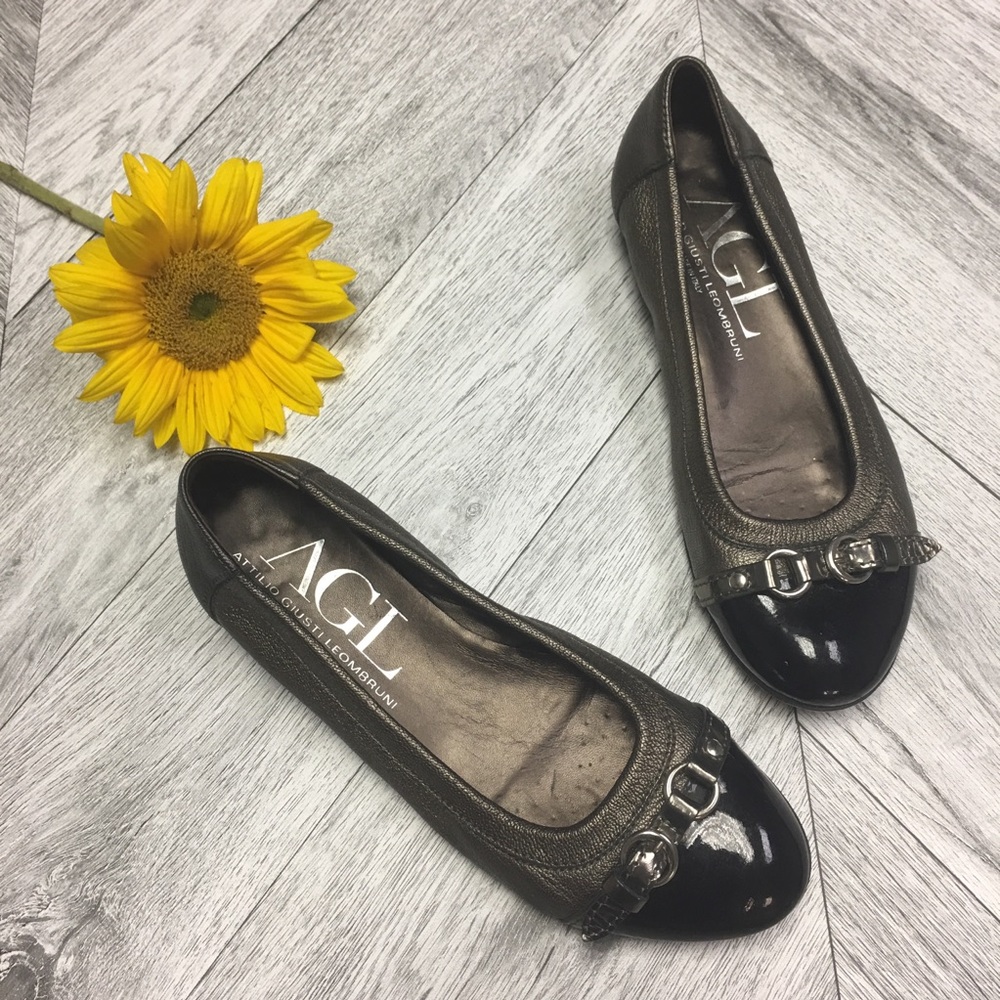 AGL | Black Pewter Cap Toe Buckle Ballet Flats 5.5 - Picture 1 of 6